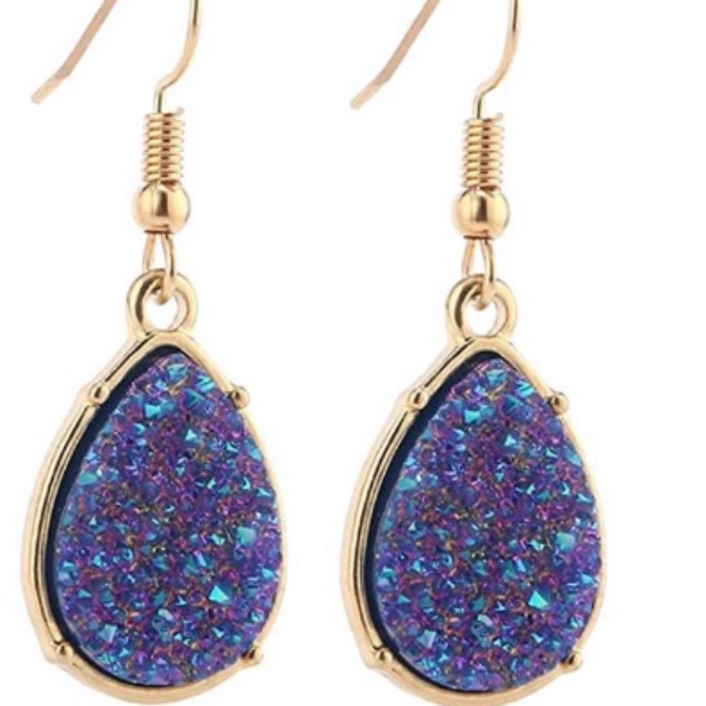 Purple Druzy Tear Drop Dangle Earrings
